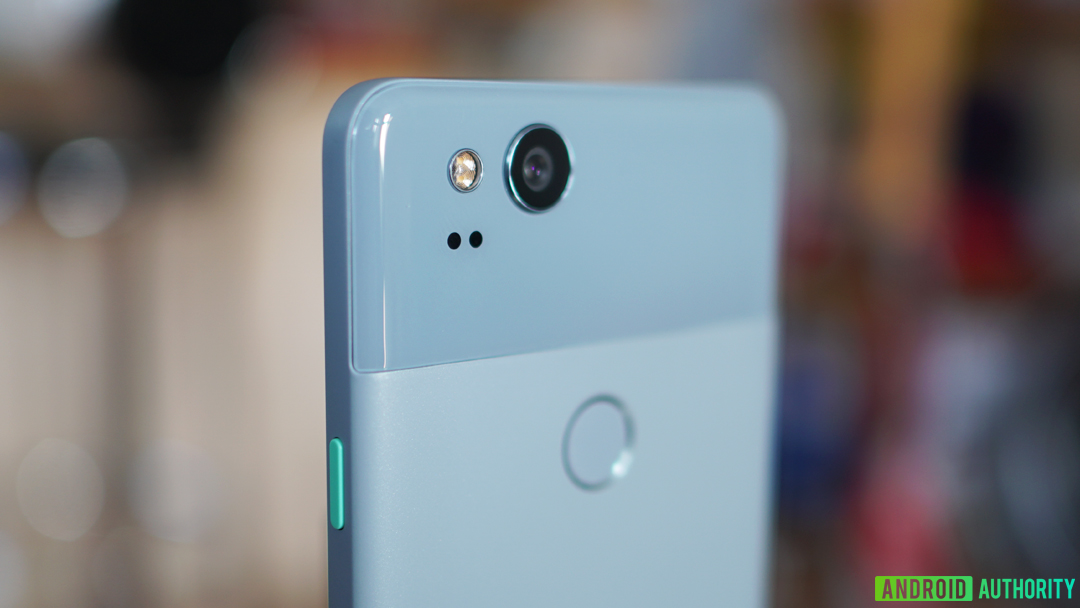 The top half of the Google Pixel 2 in light blue showing a closeup of the camera module.