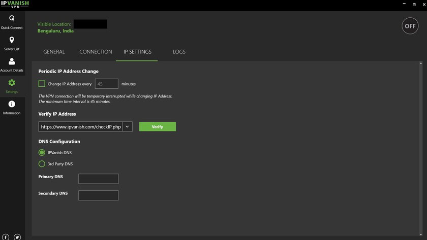 IPVanish settings screen