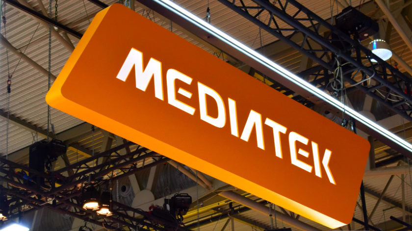 The MediaTek logo as seen at Mobile World Congress 2018.