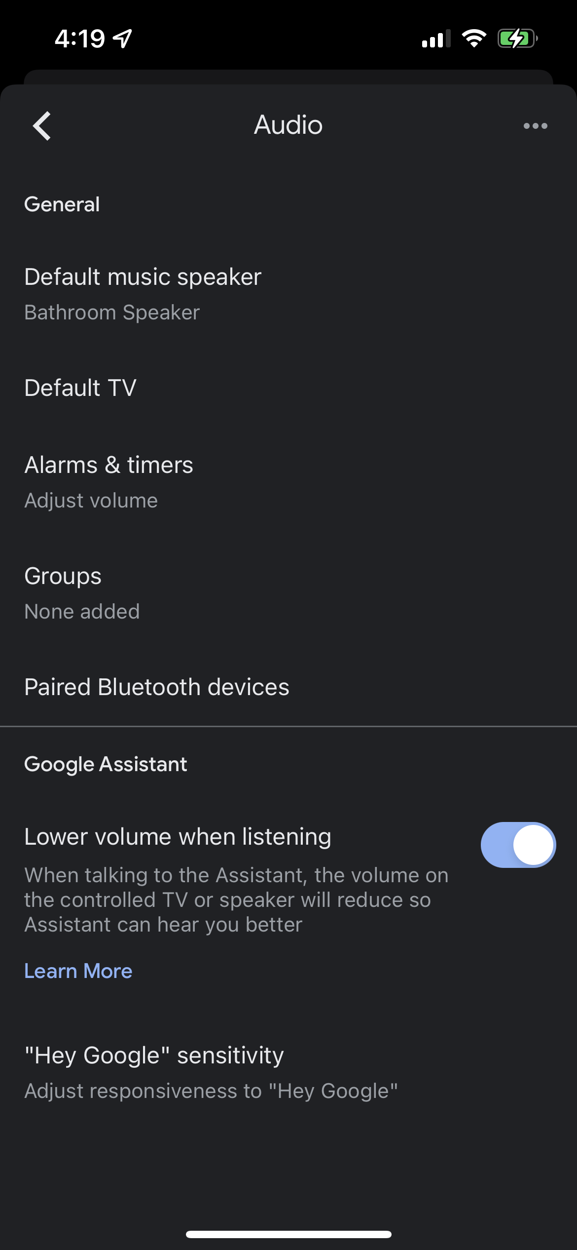 Audio settings in the Google Home app
