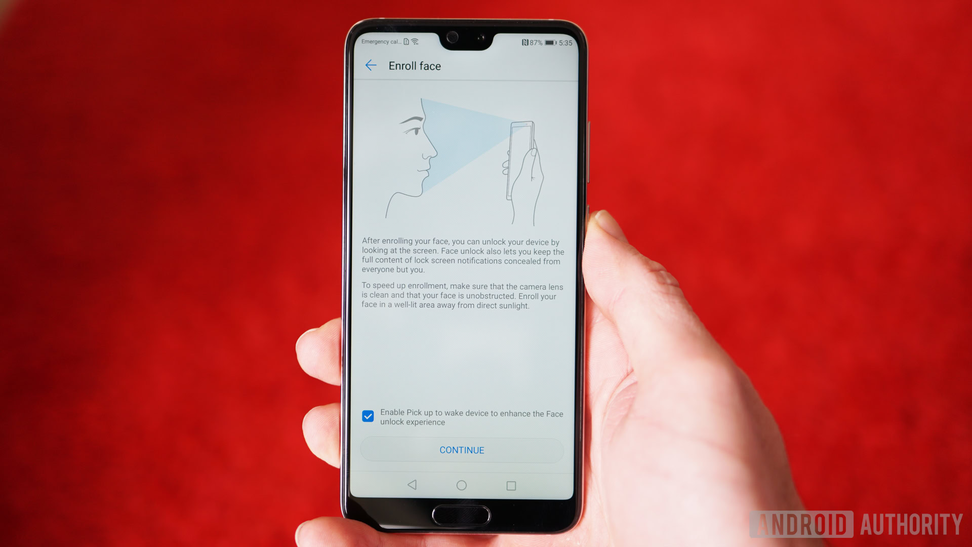 Facial recognition: Face unlock settings menu on a HUAWEI P20 Pro