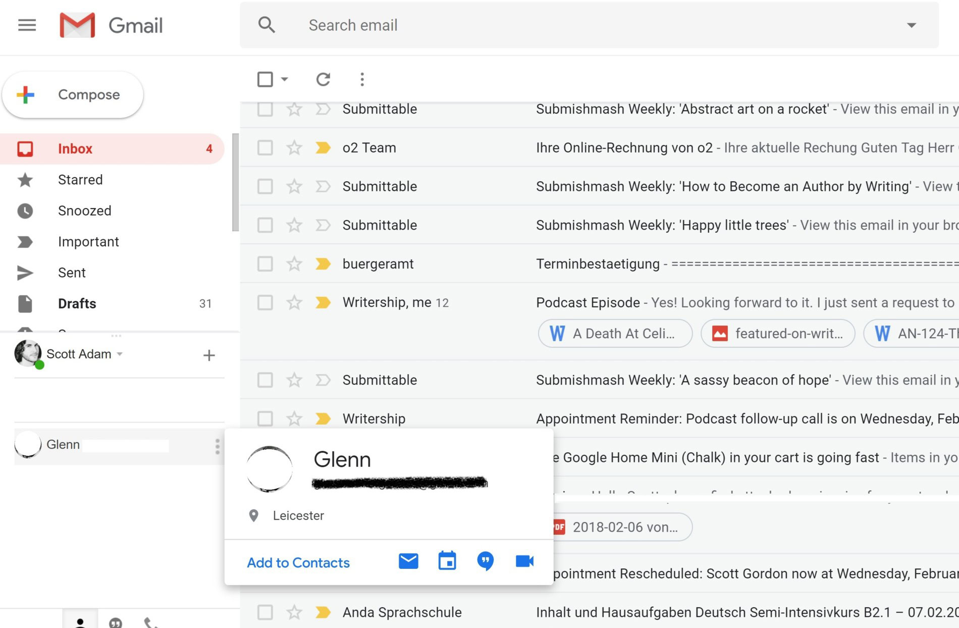 new gmail inbox chat hover button action