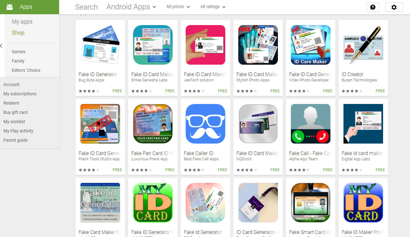 Fake ID apps on the Play Store.