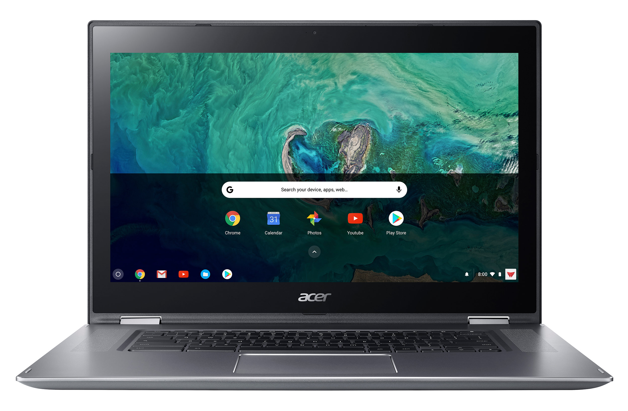 A rendered image of the Acer Chromebook Spin 15 viewed head-on with the screen on.