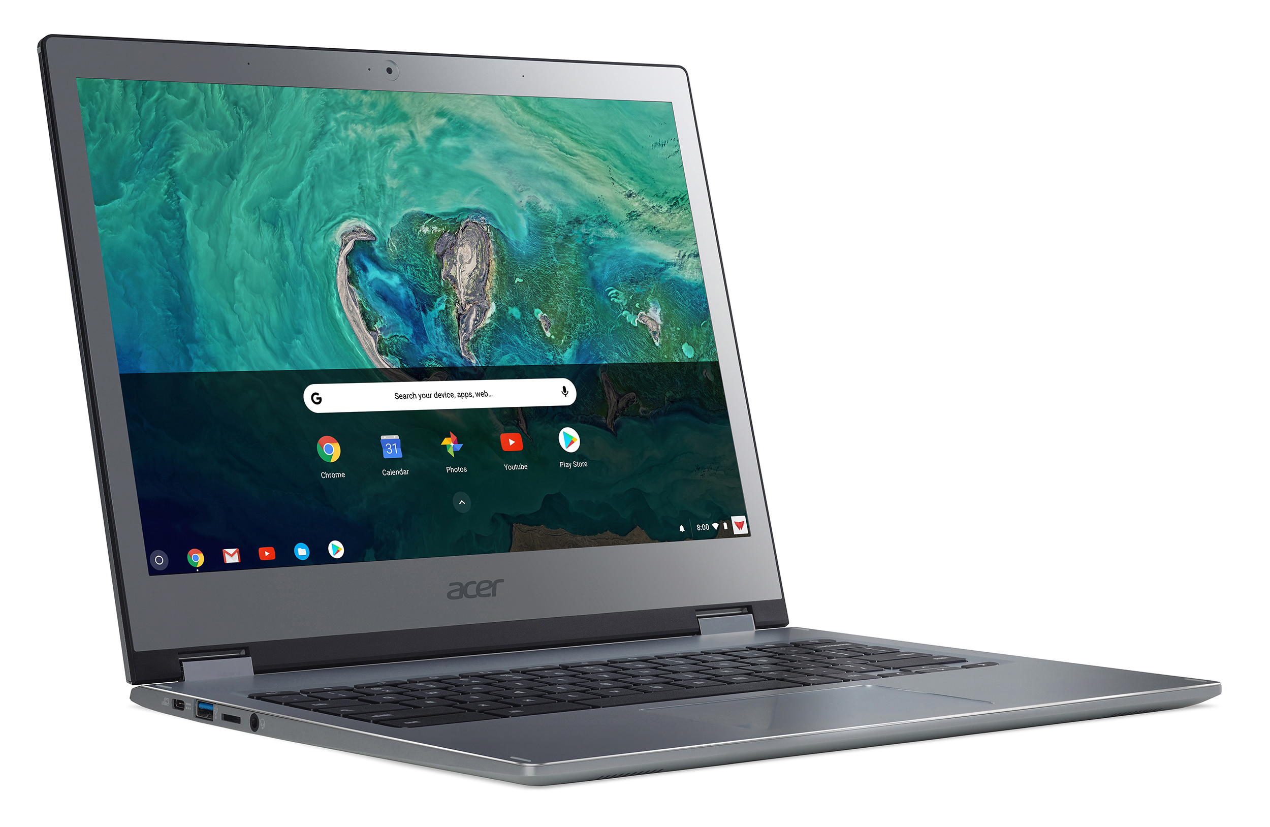 A rendered image of the Acer Chromebook 13 opened with the screen on.