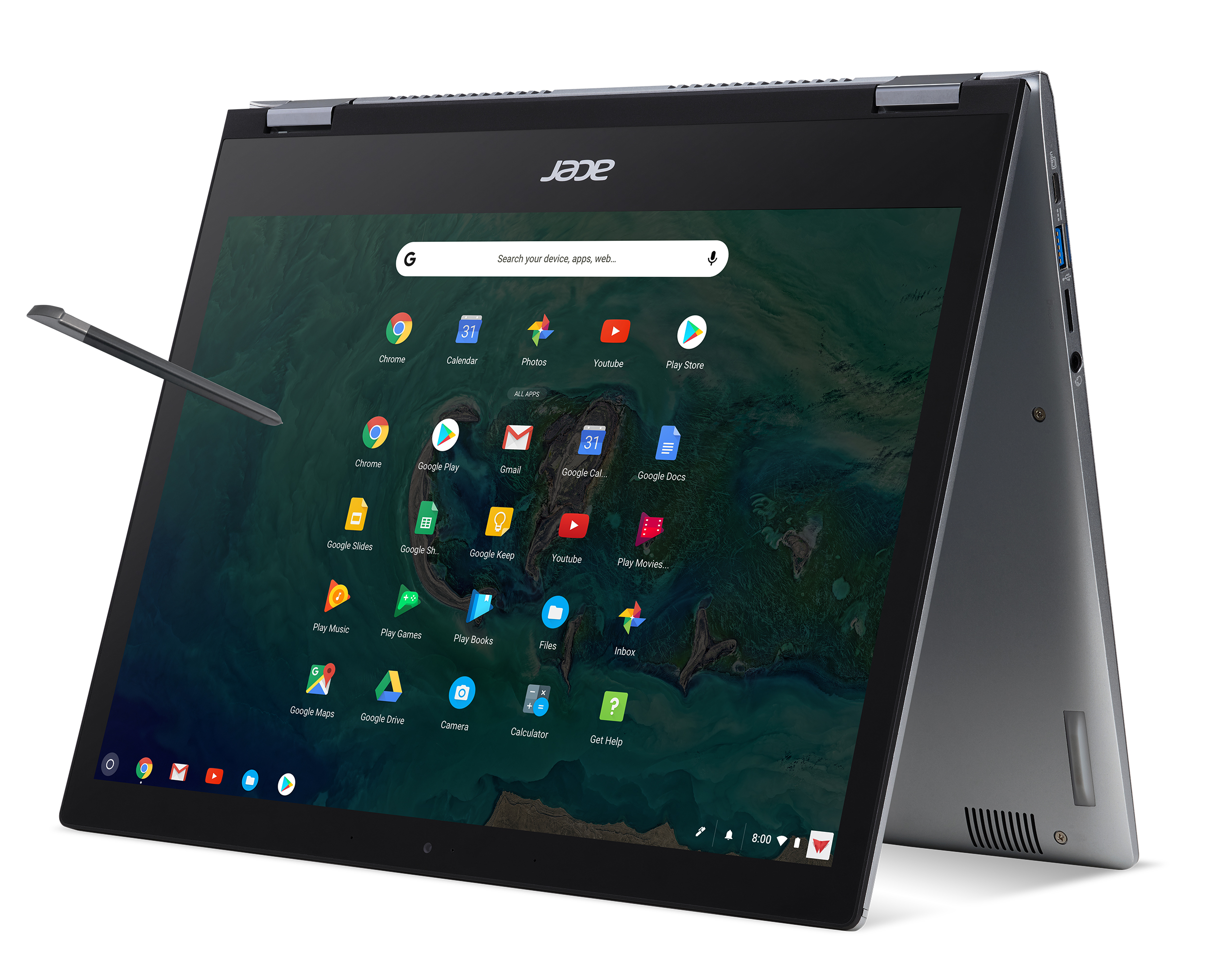 A rendered image of the Acer Chromebook Spin 13 in tent mode.