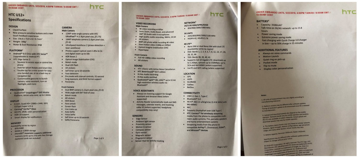 HTC u12 Plus leaked specs