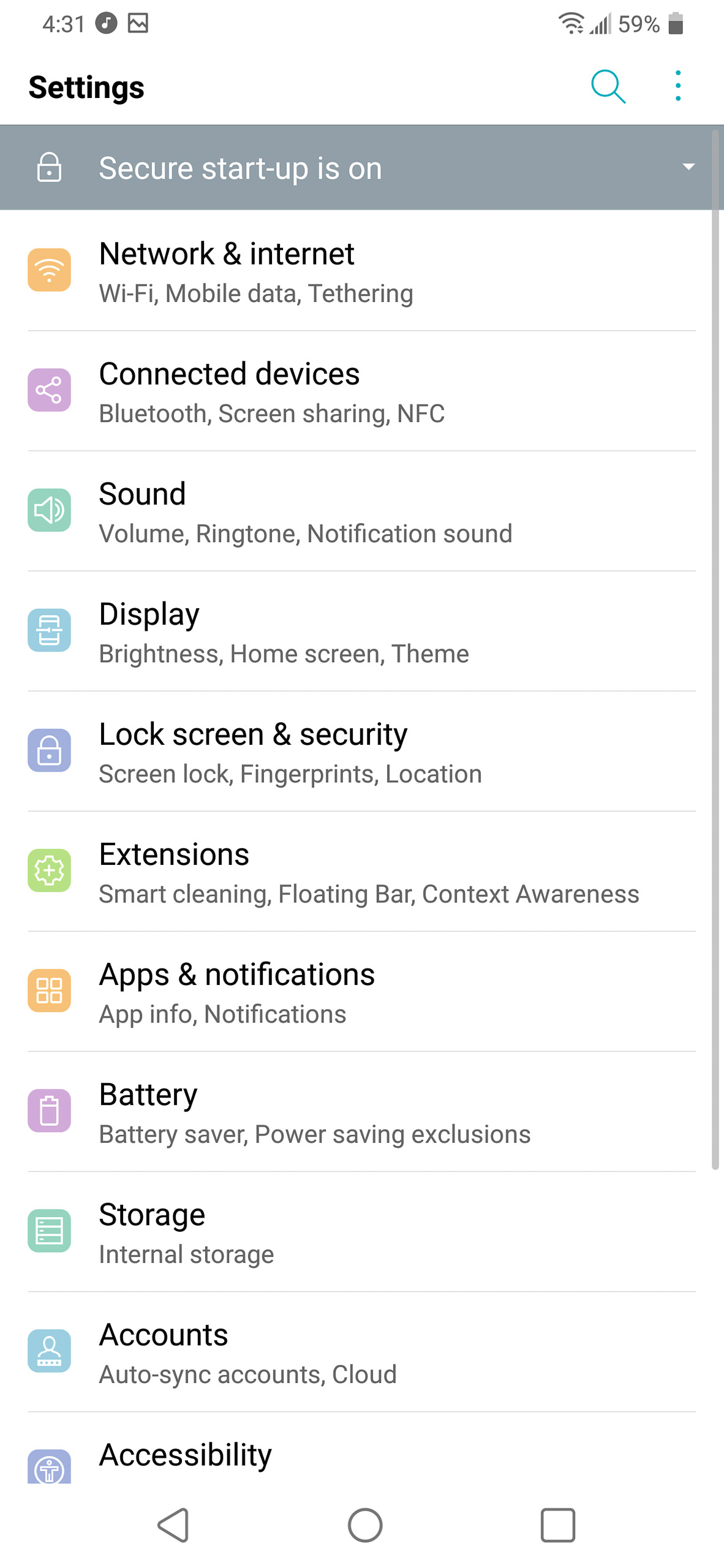 LG G& ThinQ list of settings