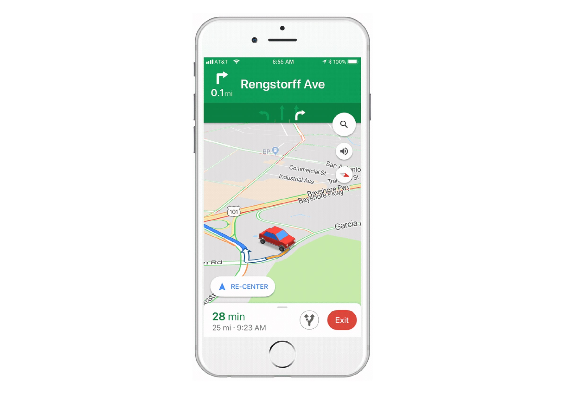 The Google Maps app on an iPhone with a car driving around a map.
