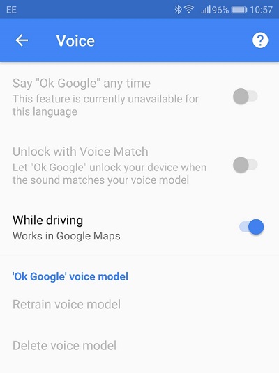 A screenshot of the Voice options menu on the HUAWEI Mate 10 Pro. 