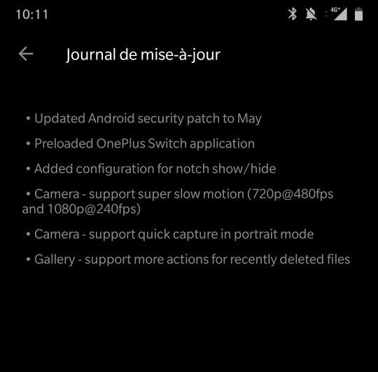 A partial screenshot of the patch notes from the first OnePlus 6 update. 