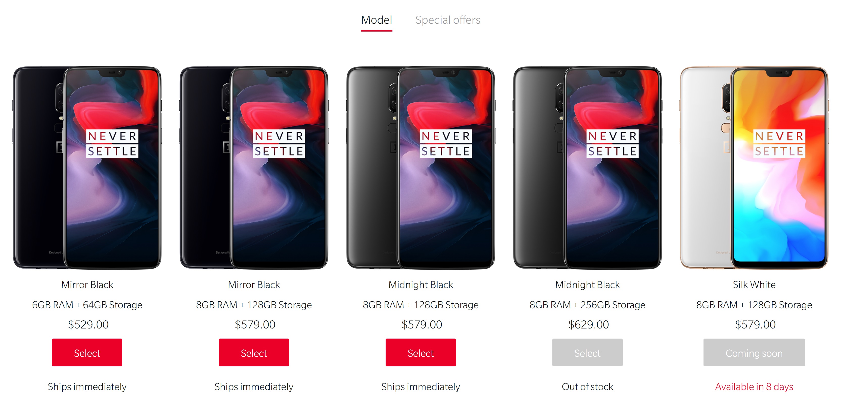 The OnePlus 6 smartphones and their storage amounts and prices from the official OnePlus website.