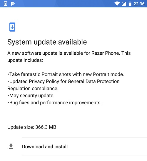 Razer Phone May update patch notes screenshot.