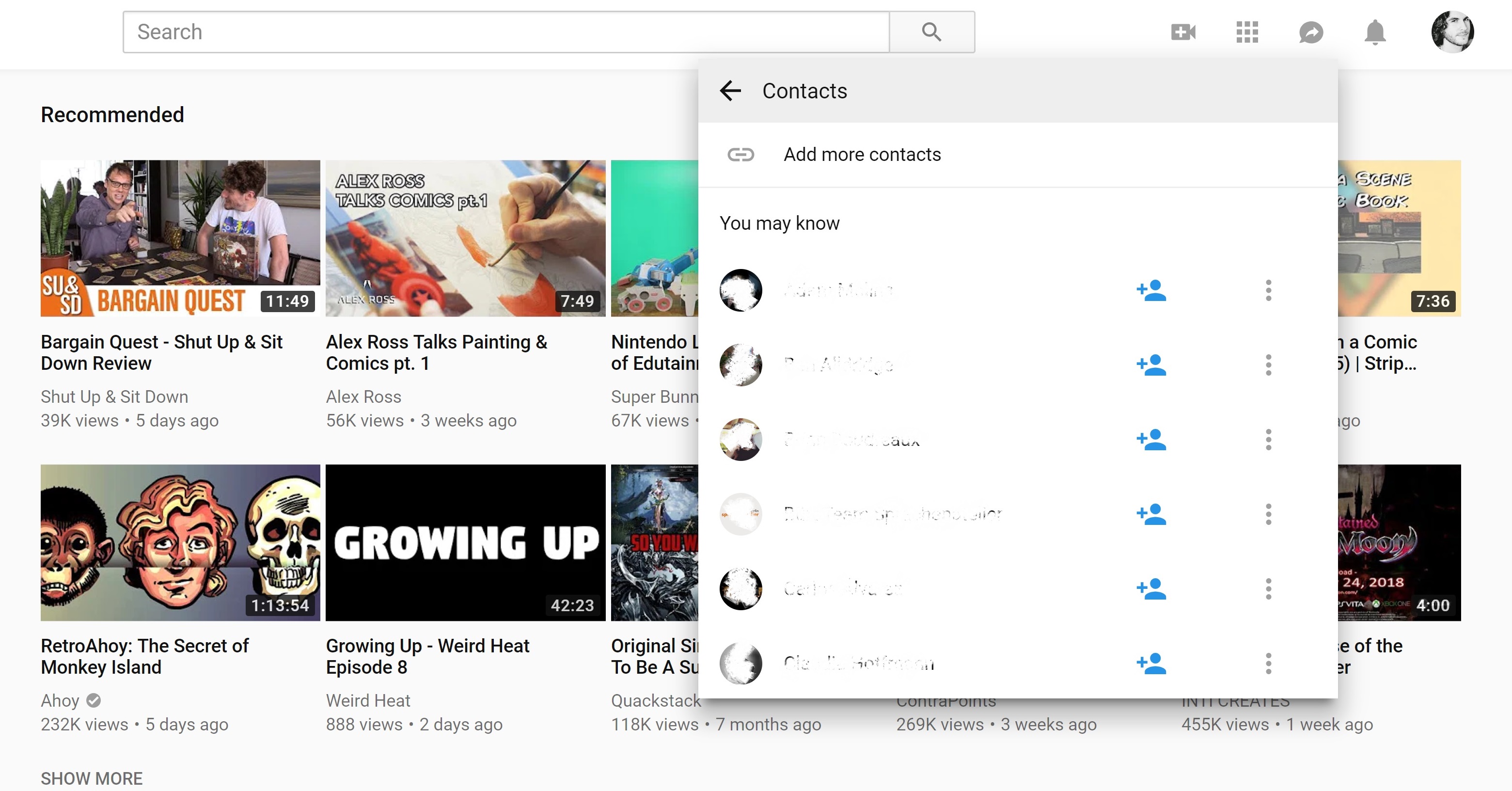 A screenshot of the new YouTube contacts interface on desktop.