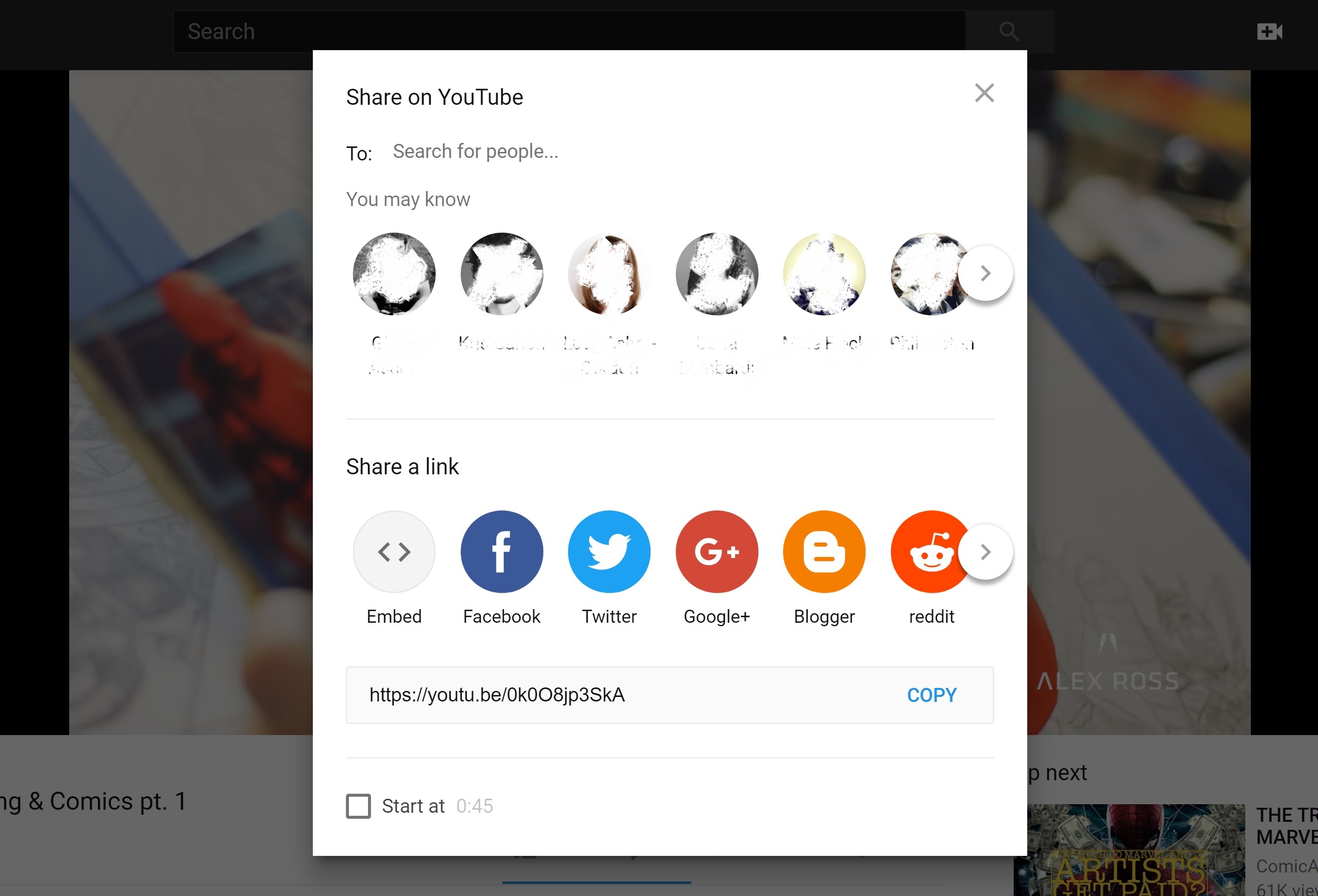 A screenshot of the new YouTube sharing interface on desktop.