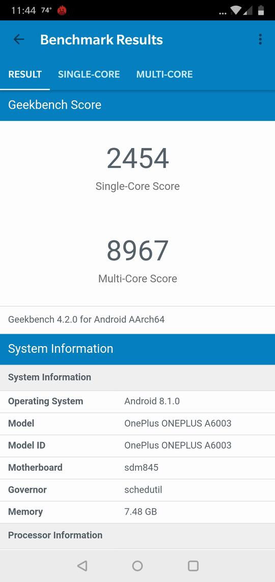 OnePlus 6 geekbench benchmark results single multi core
