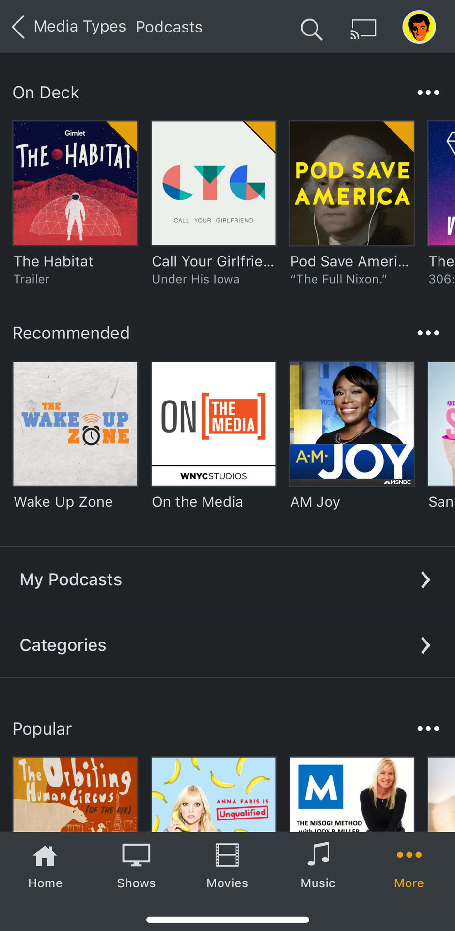 A screen shot of Plex podcasts as seen in the app interface.