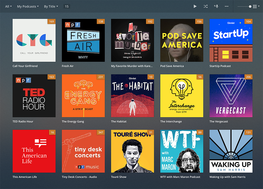 A screen shot of Plex podcasts as seen in the web interface.