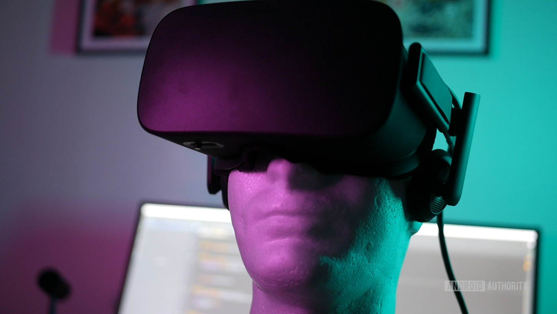 Photo of a Virtual reality headset placed on a maneken.
