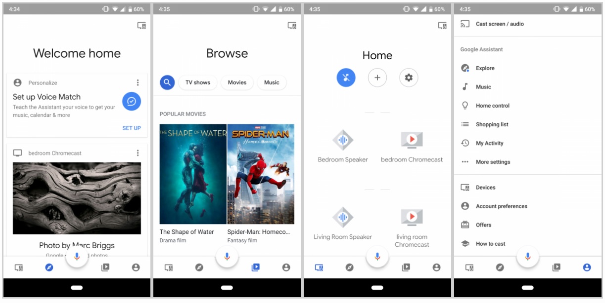 Screen shots of the upcoming redesign of the Google Home app.