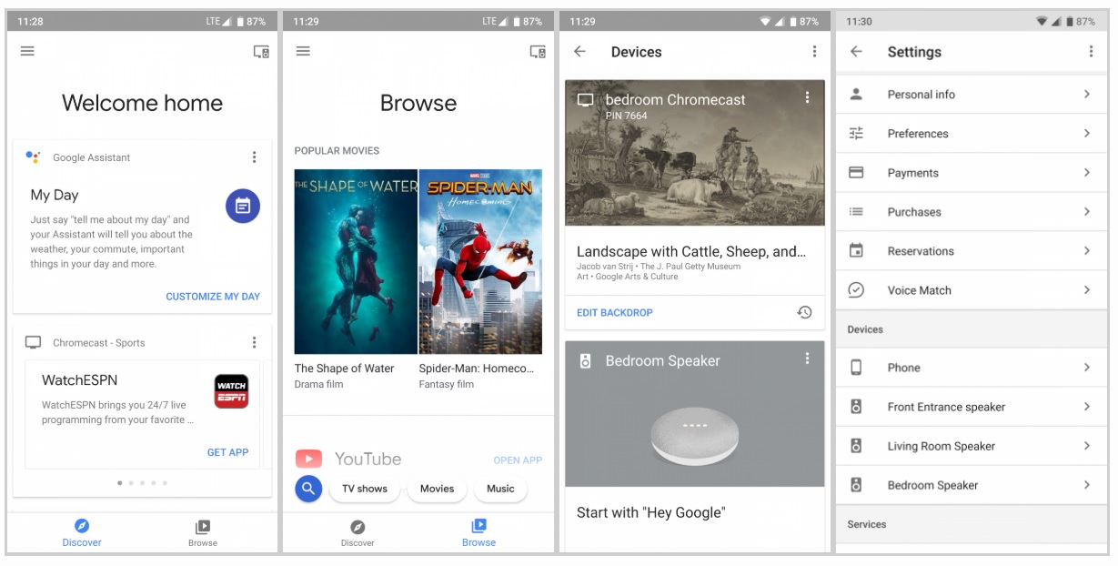 Screen shots of the current version of the Google Home app.