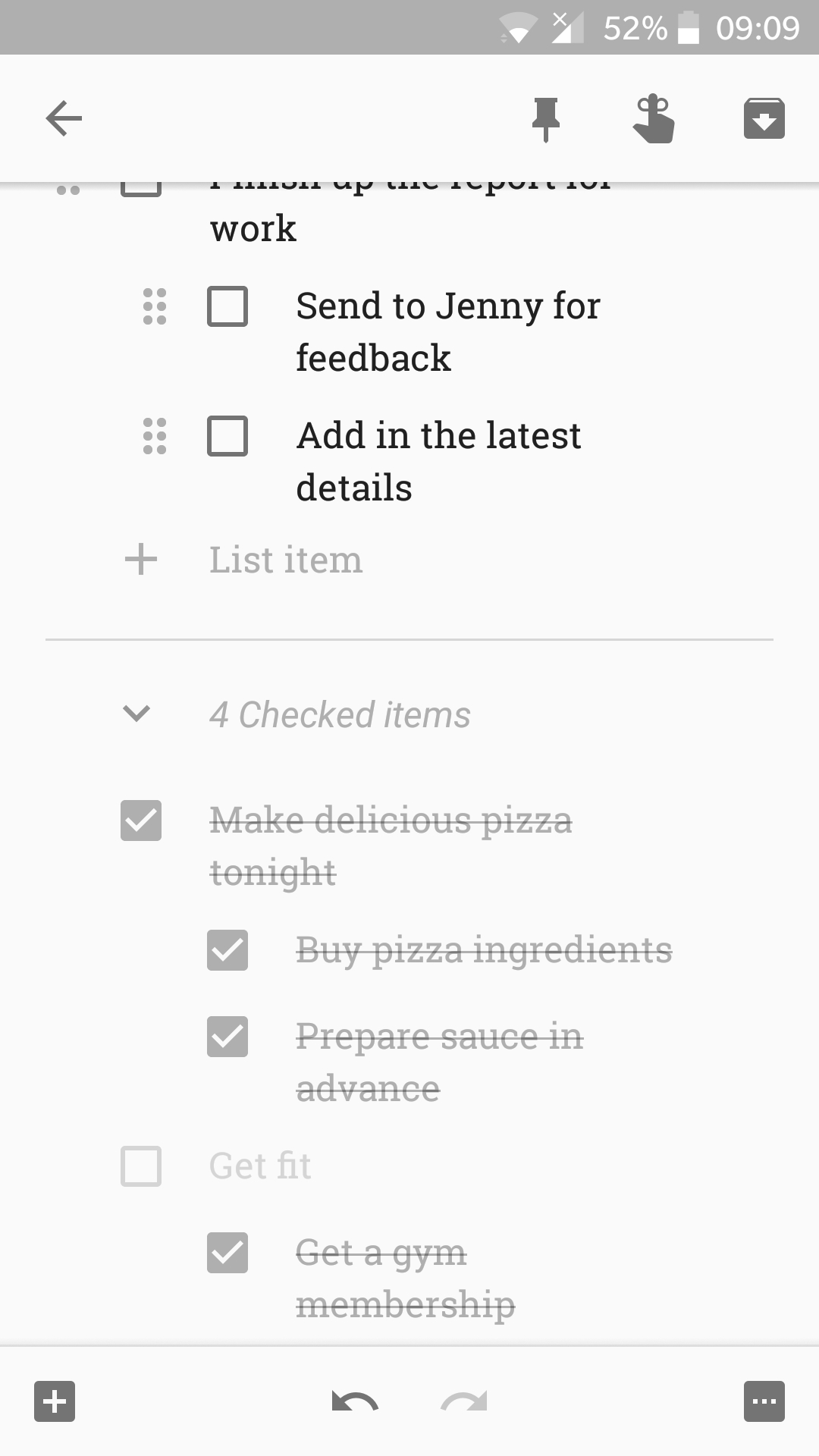 how to indent list items in Google Keep