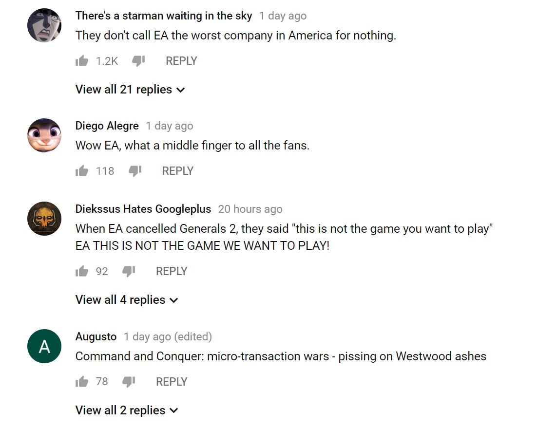 A screenshot of Command and Conquer Rivals YouTube comments.