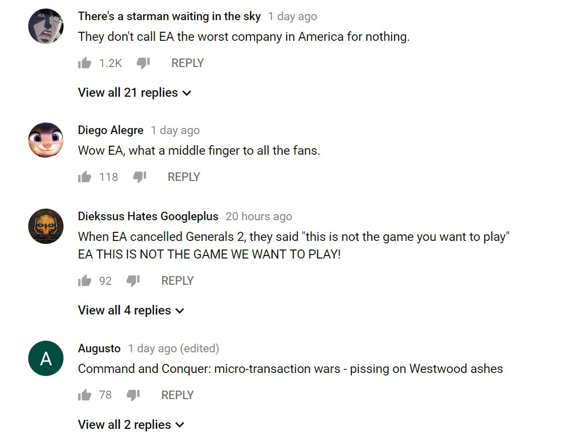 A screenshot of Command and Conquer Rivals YouTube comments.