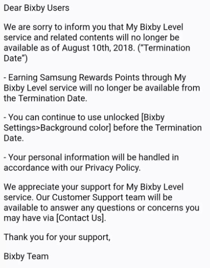 A screenshot of the notice from Samsung about the termination of My Bixby Level.