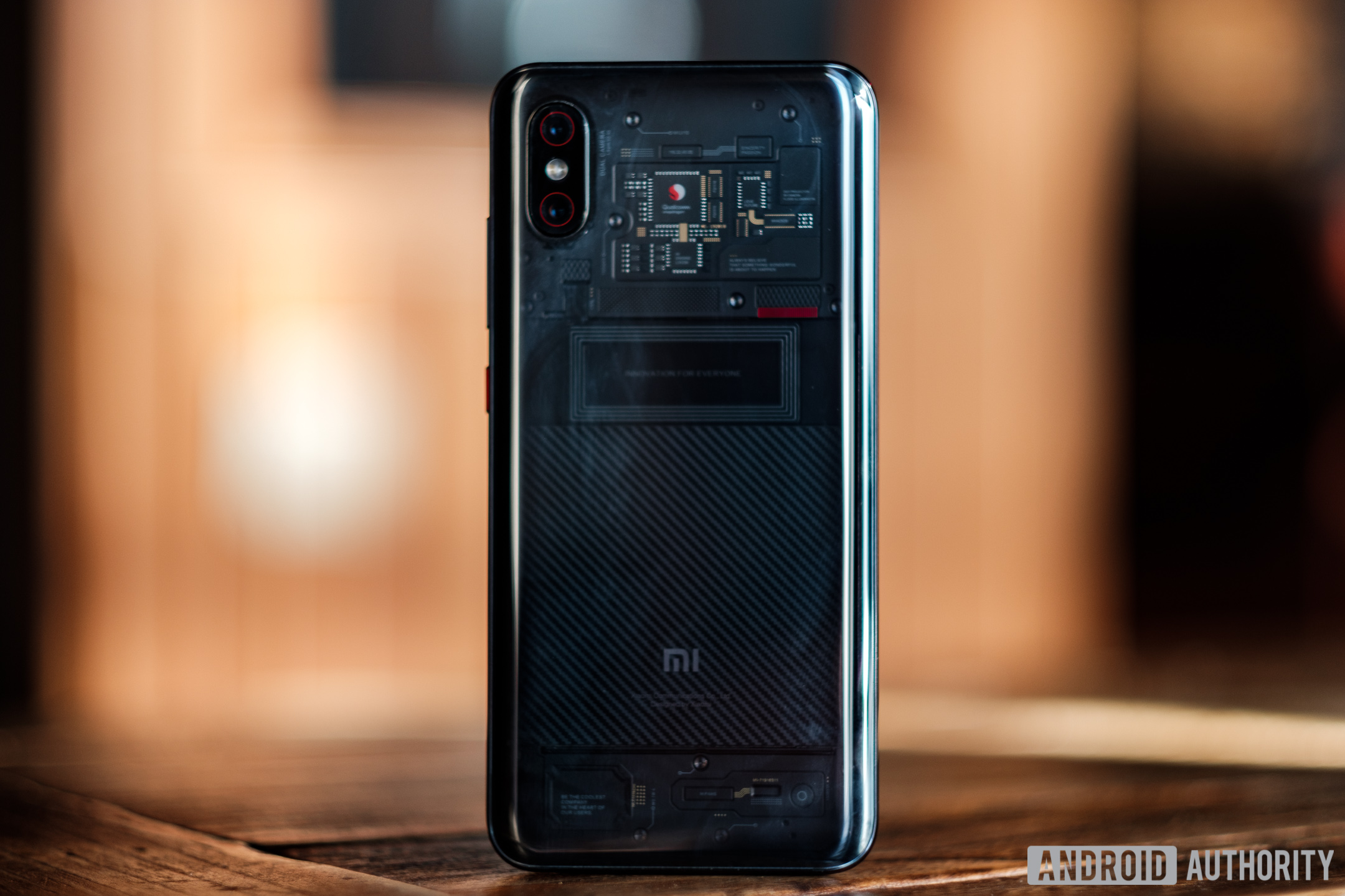 The Xiaomi Mi 8 from behind with see-through body. 