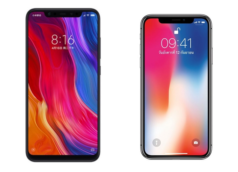 Xiaomi Mi 8 and Apple iPhone X renders side-by-side on a white background. 