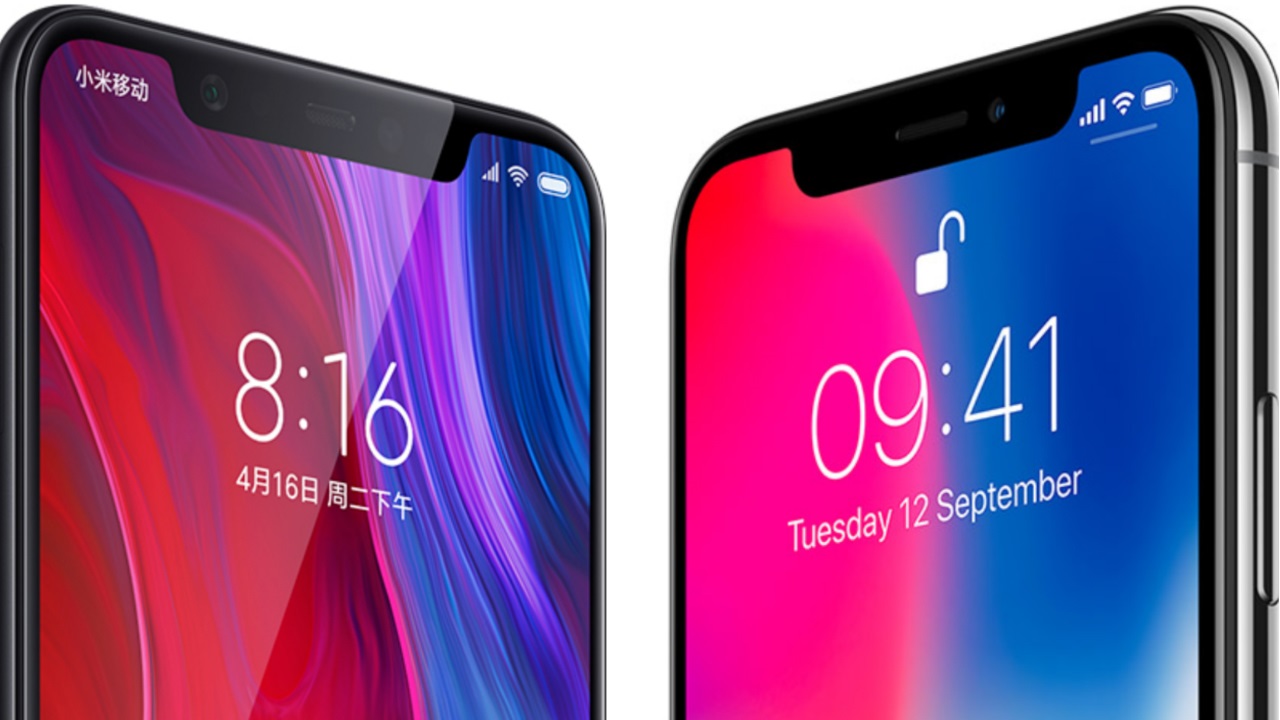 Xiaomi Mi 8 and Apple iPhone X renders side-by-side on a white background.