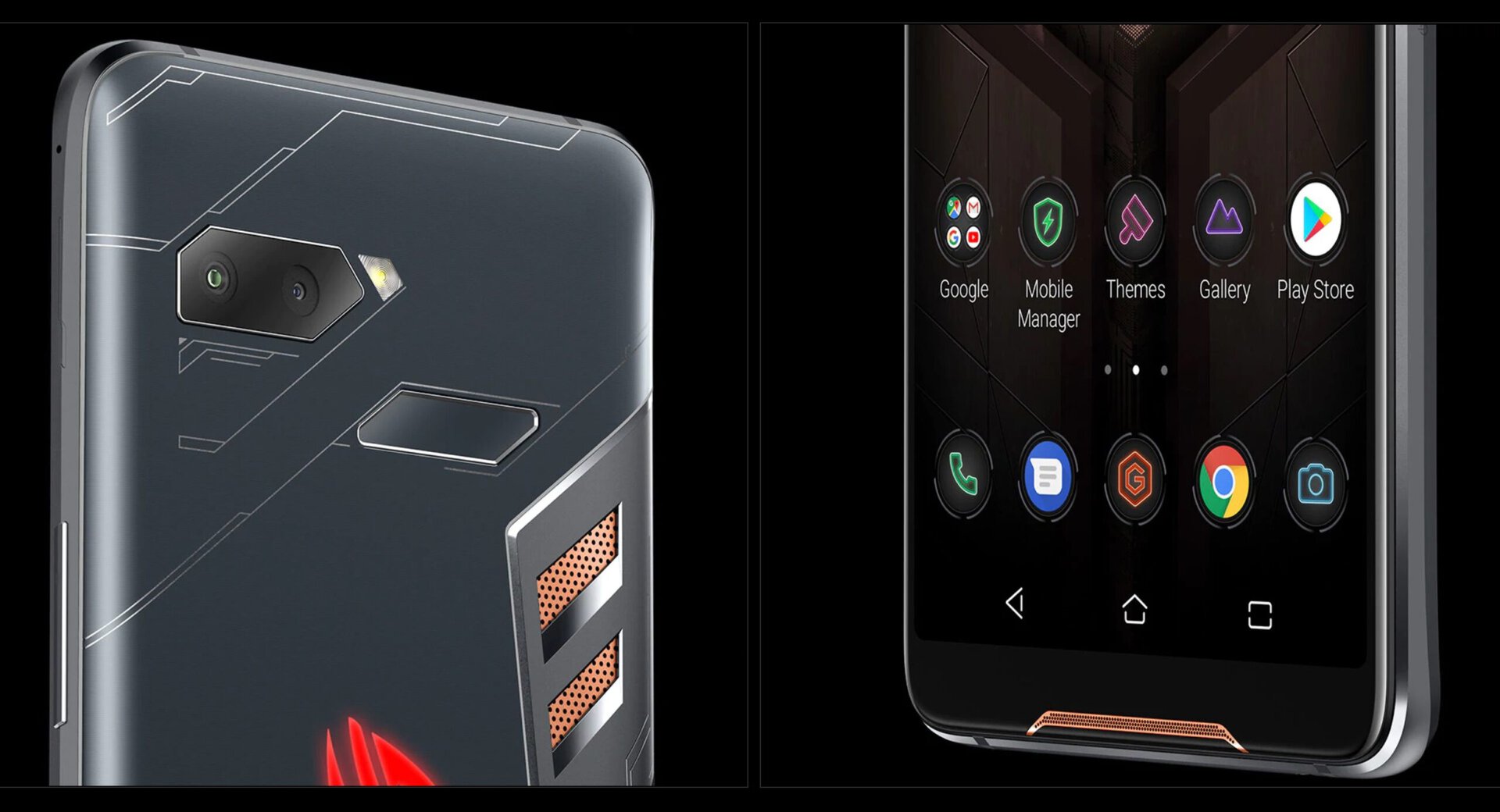 ASUS Rog gaming phone front and back against black background.