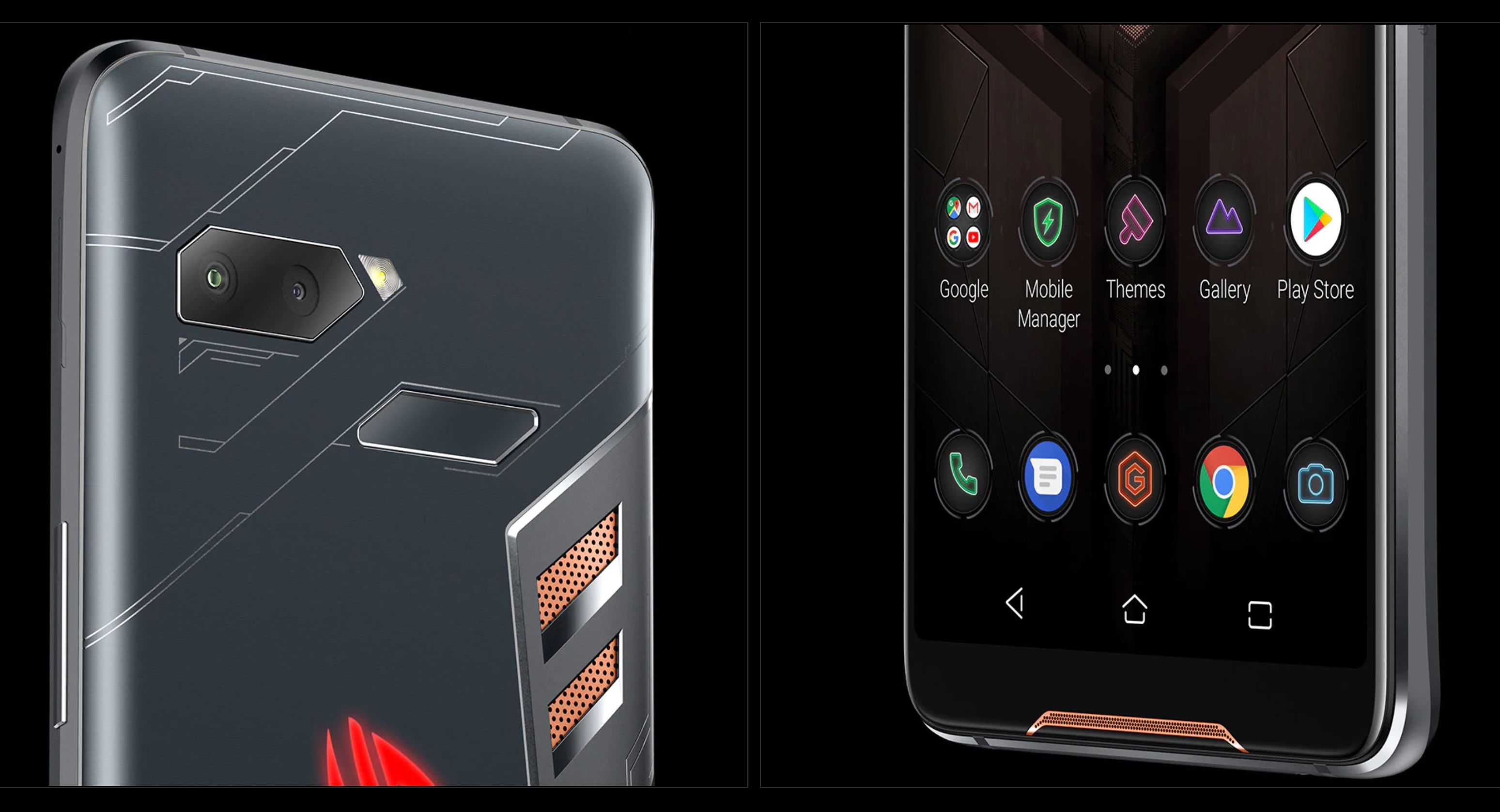 Asus Rog gaming phone front and back against black background.