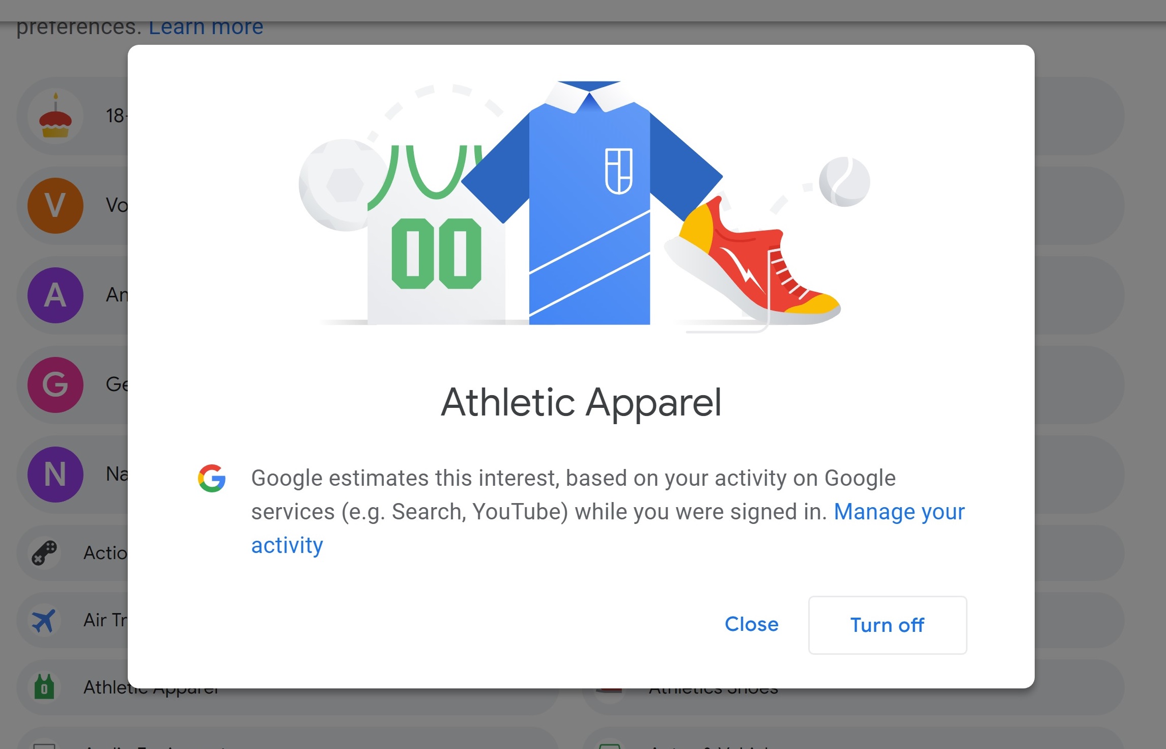 Google Ad settings box for athletic apparel showing some clothes and advertising information.