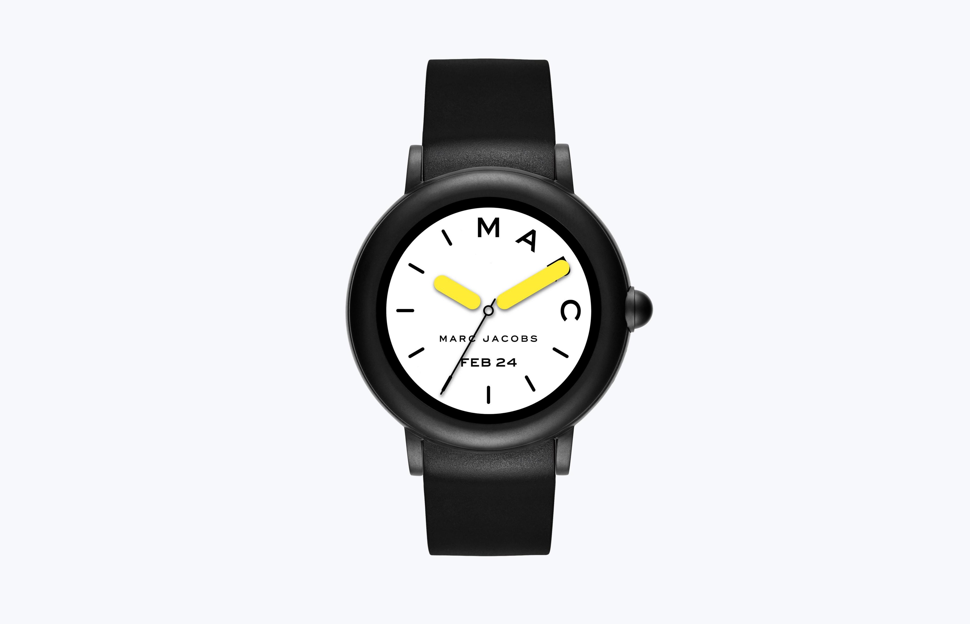 Marc Jacobs Riley smartwatch render from the front in black.