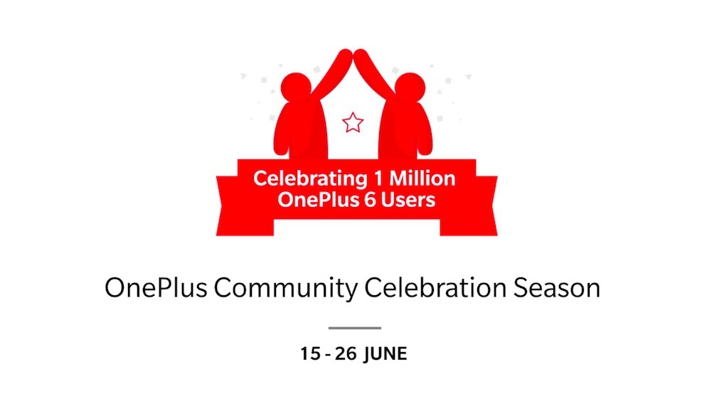 OnePlus community celebration poster in red and white. 