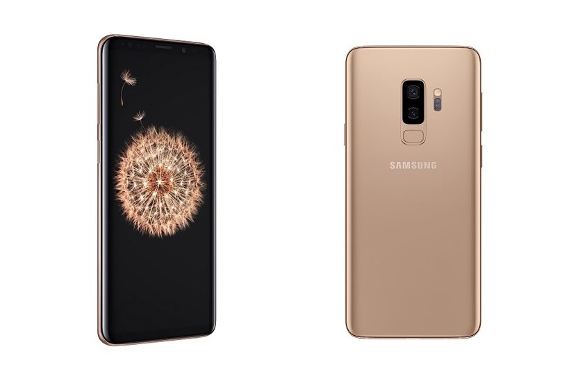 Samsung Galaxy S9 Plus Sunrise Gold renders from front-side and back on a white background. 
