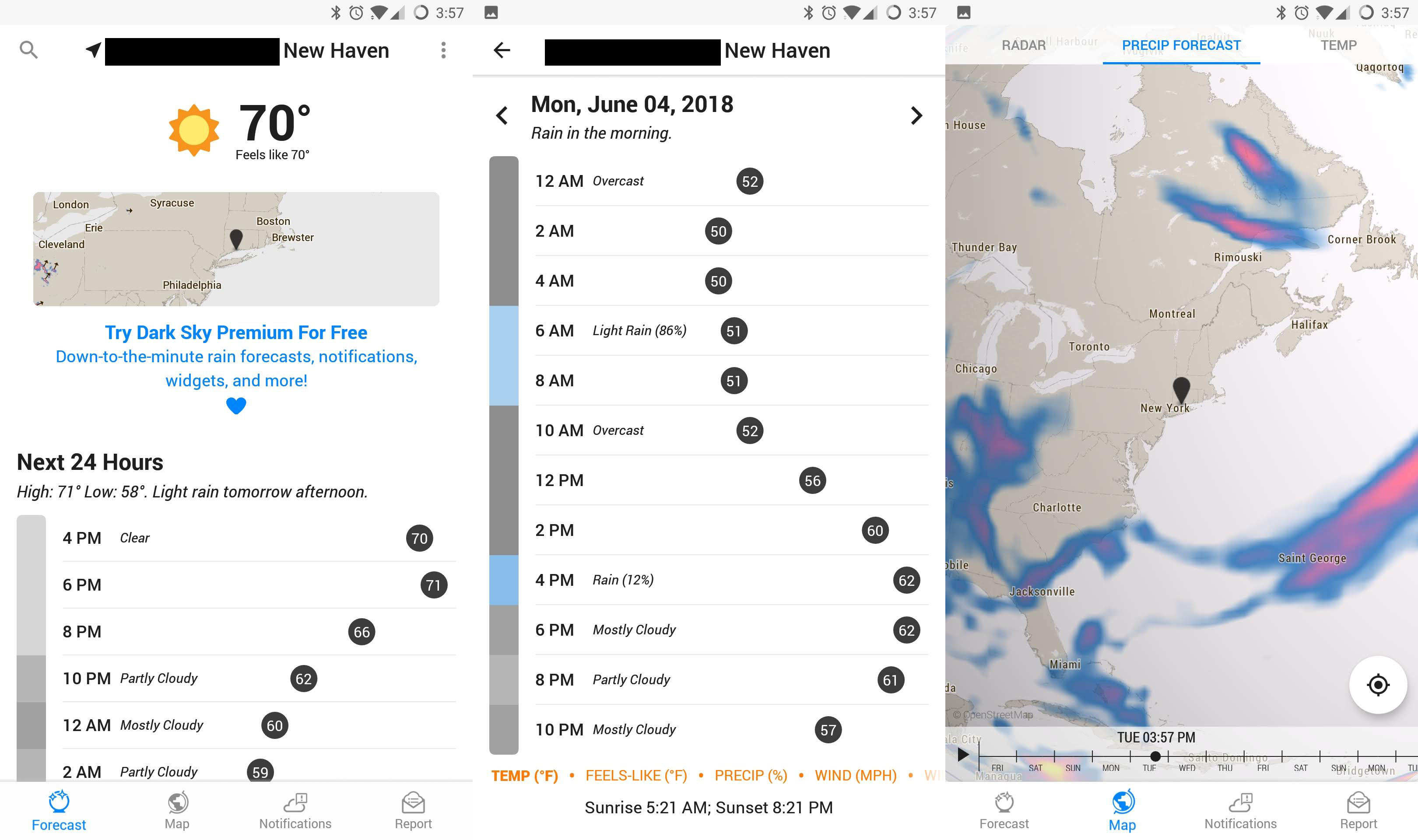 Screenshots of the UI of the Dark Sky Android app.