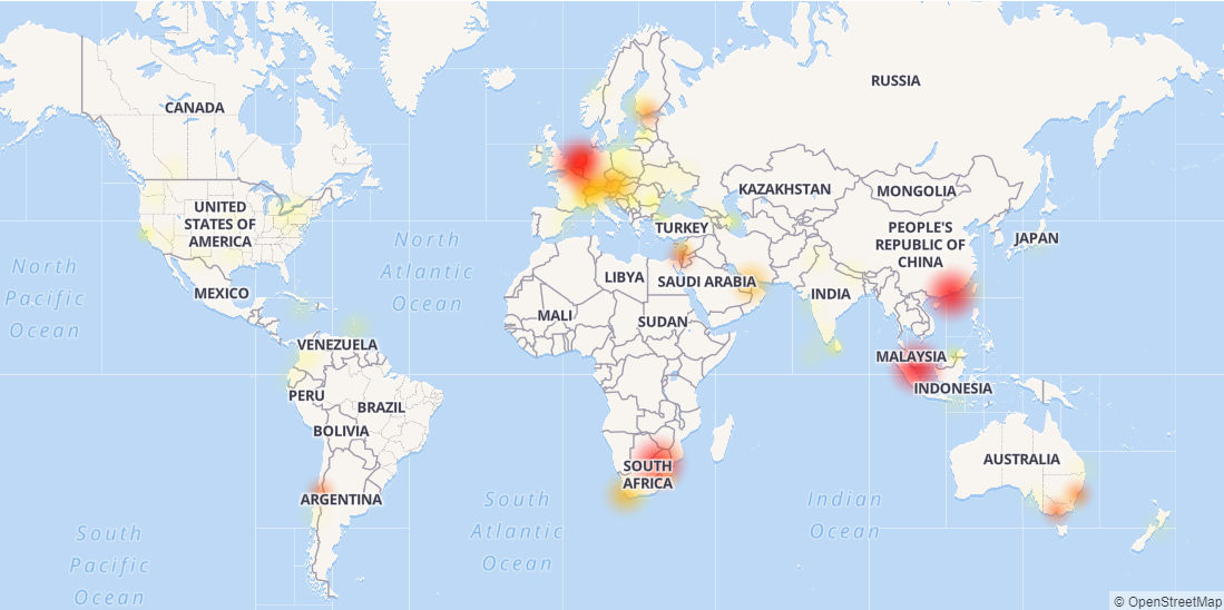 A map showing WhatsApp issues around the world.