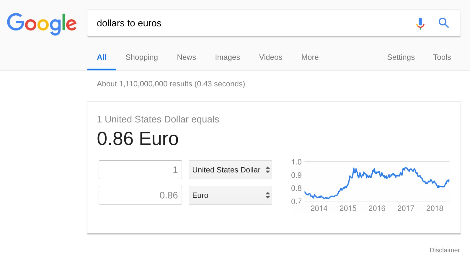 Google Search convert currency example screenshot