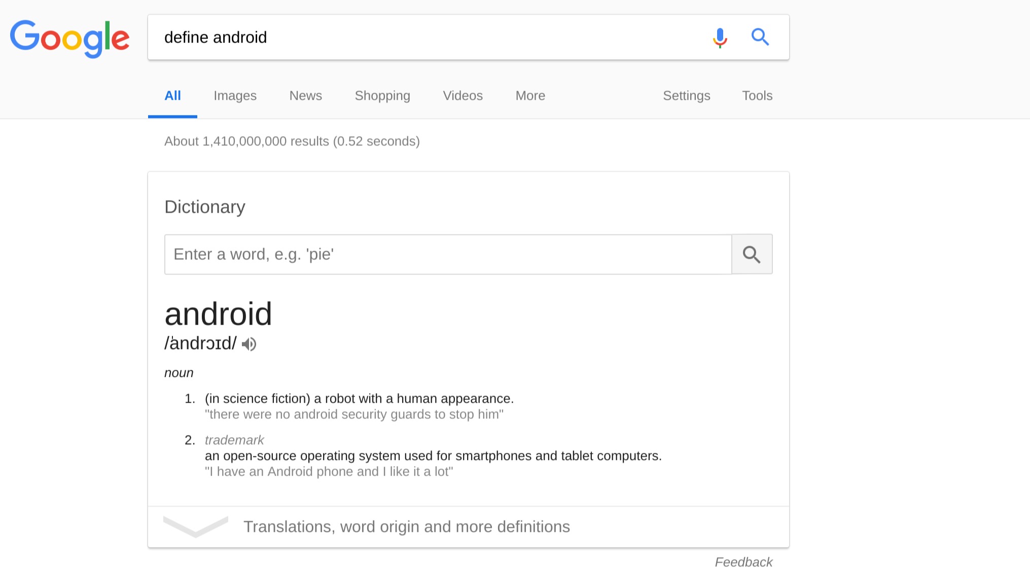 Google search define dictionary screenshot