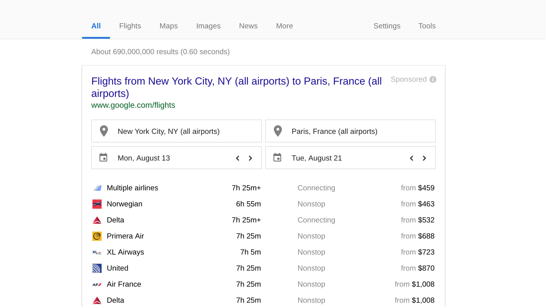 Google Search flights example screenshot