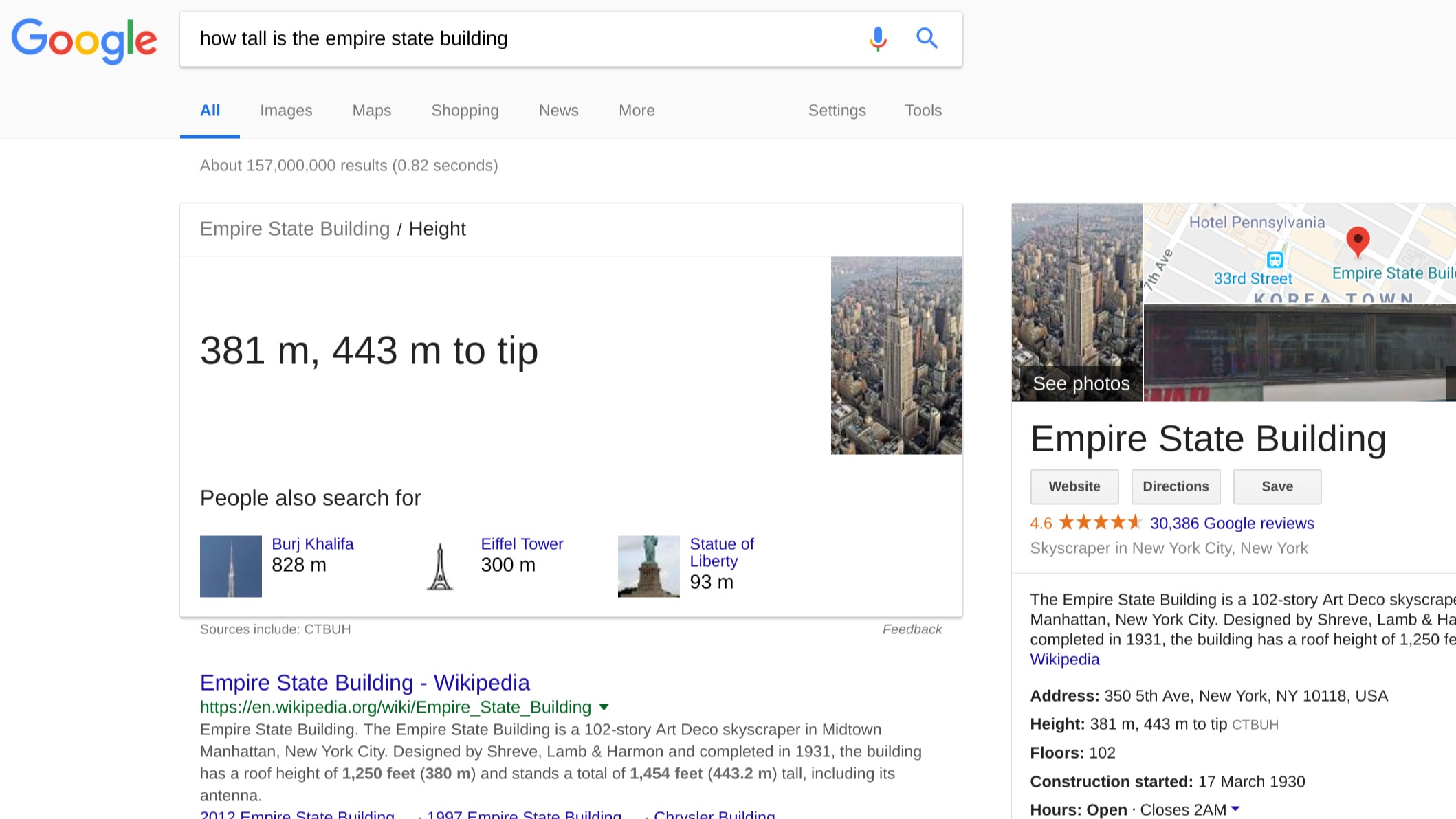 Google search instant answers example screenshot