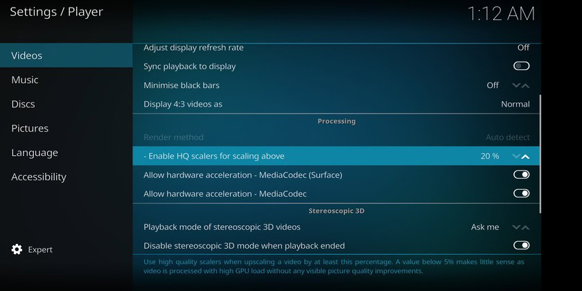 kodi not working - Expert video settings menu