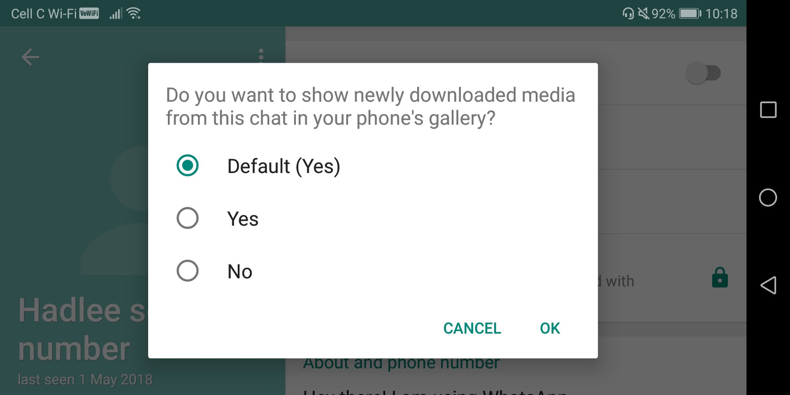 The media visibility dialog in WhatsApp.