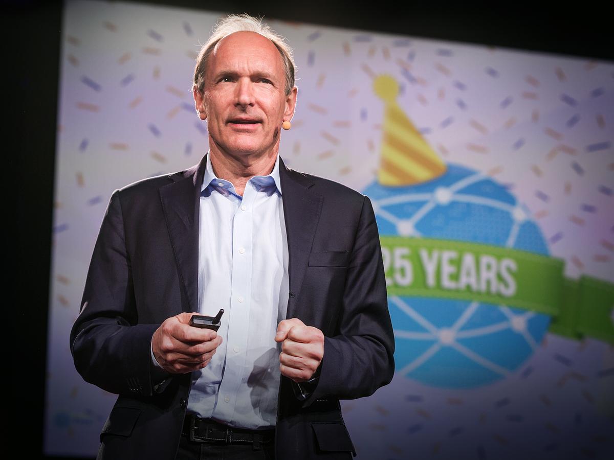 An image of Tim Berners-Lee giving a TED Talk.