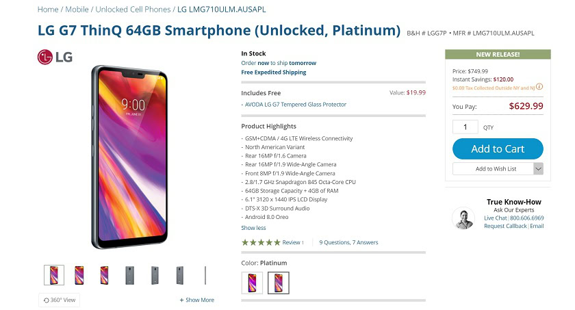 LG G7 ThinQ B&amp;H webpage screenshot.