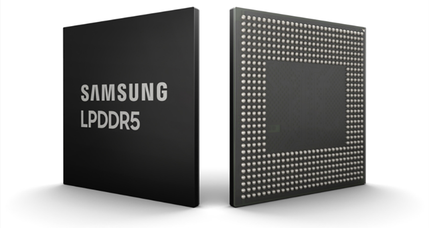 An image showing the front and back of the new Samsung LPDDR5 DRAM chip.