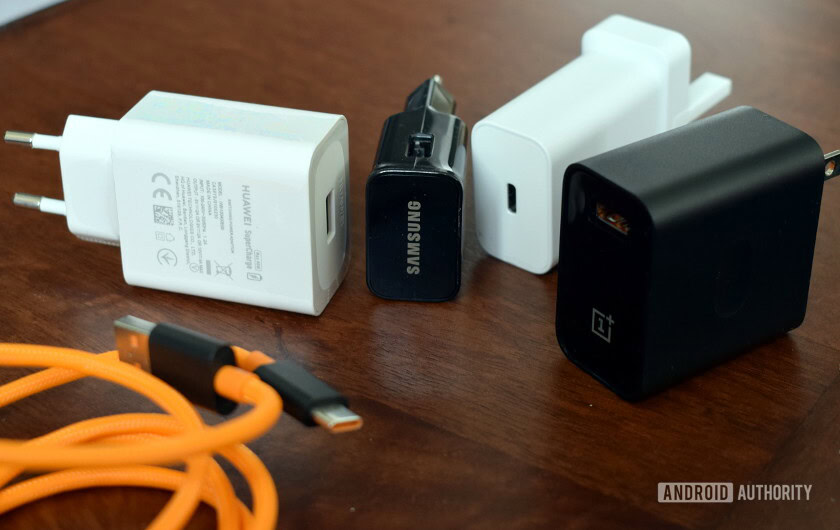 Samsung, HUAWEI, OnePlus, and Google phone chargers side by side